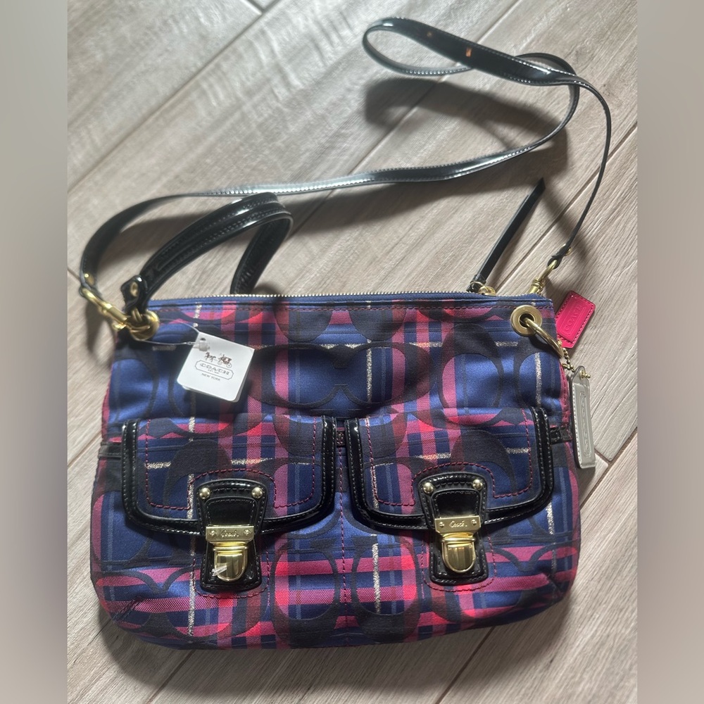 NWT Coach Plaid Crossbody Bag - Blue and Pink